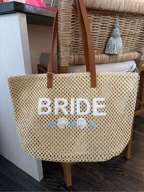 Shiraleah Natural Straw 'BRIDE' Tote with Brown Handles and Blue Accents